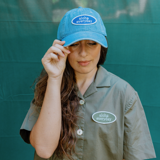 Light wash denim women's dad hat with Aloha Everyday patch – front view