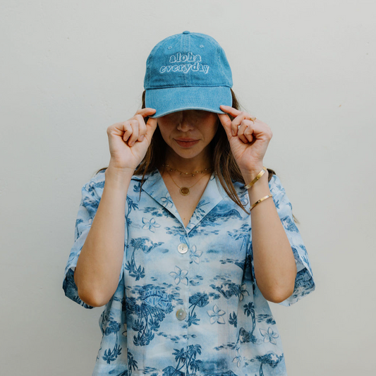 Model wearing front view Aloha Everyday Denim Hat