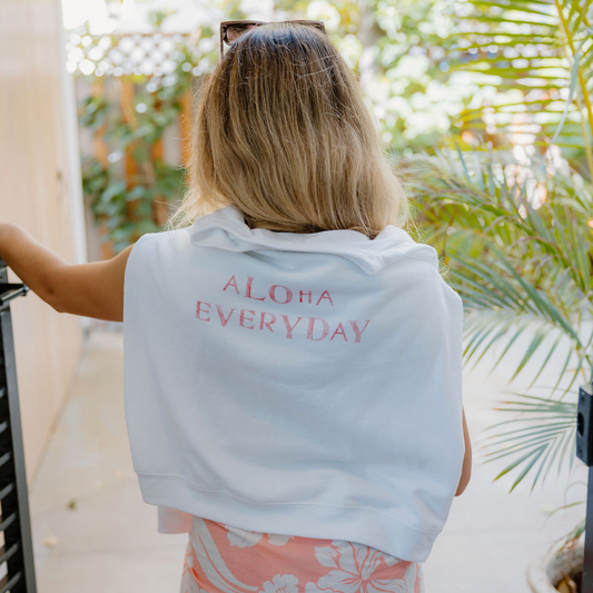 Aloha Everyday Sweatshirt wrapped around shoulders