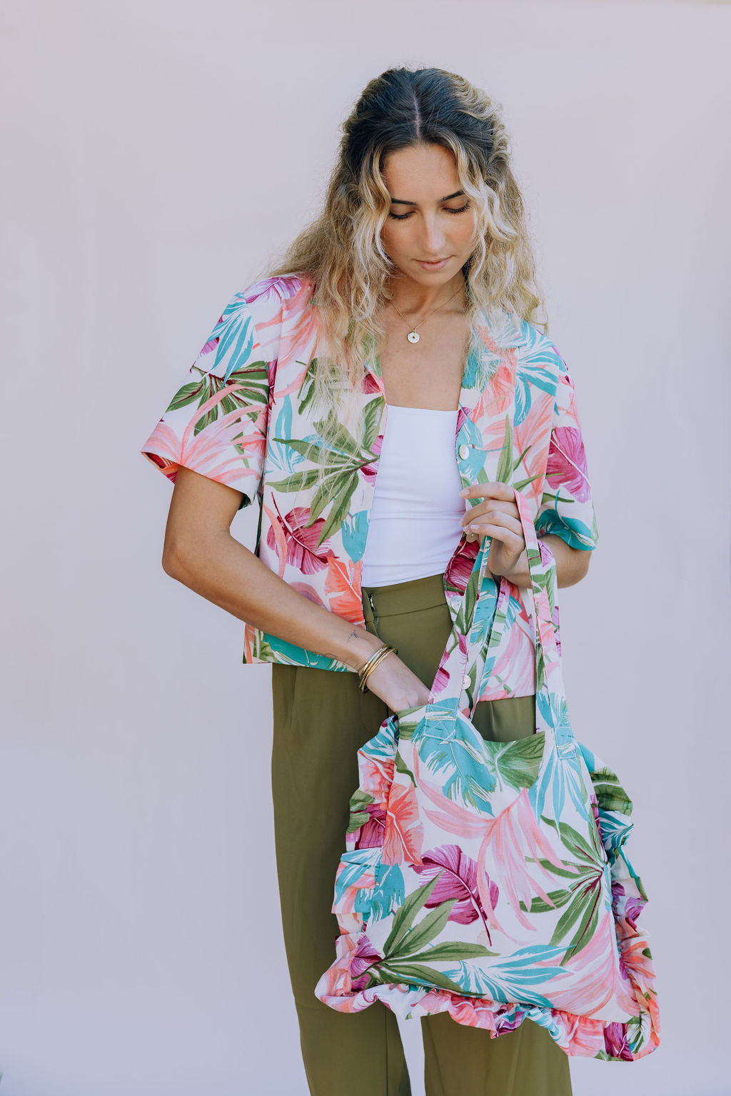 Palm Springs Floral Ruffle Tote Bag