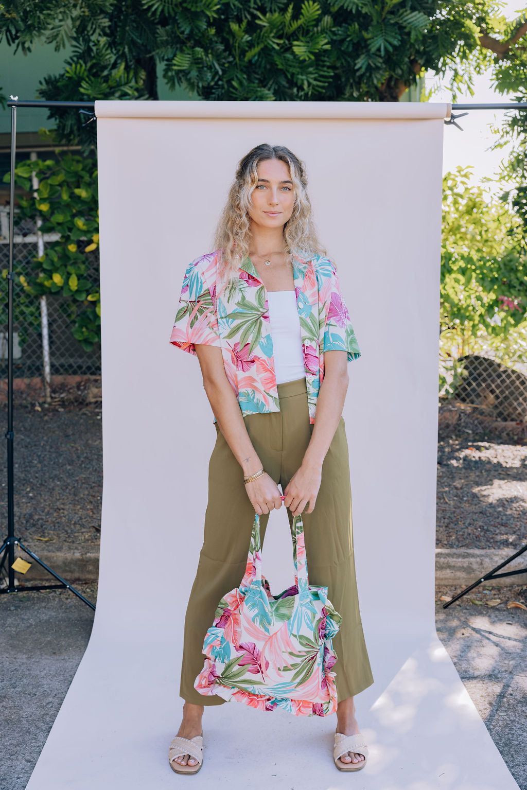 Palm Springs Floral Ruffle Tote Bag