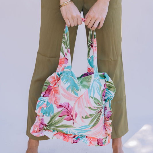 Palm Springs Floral Ruffle Tote Bag