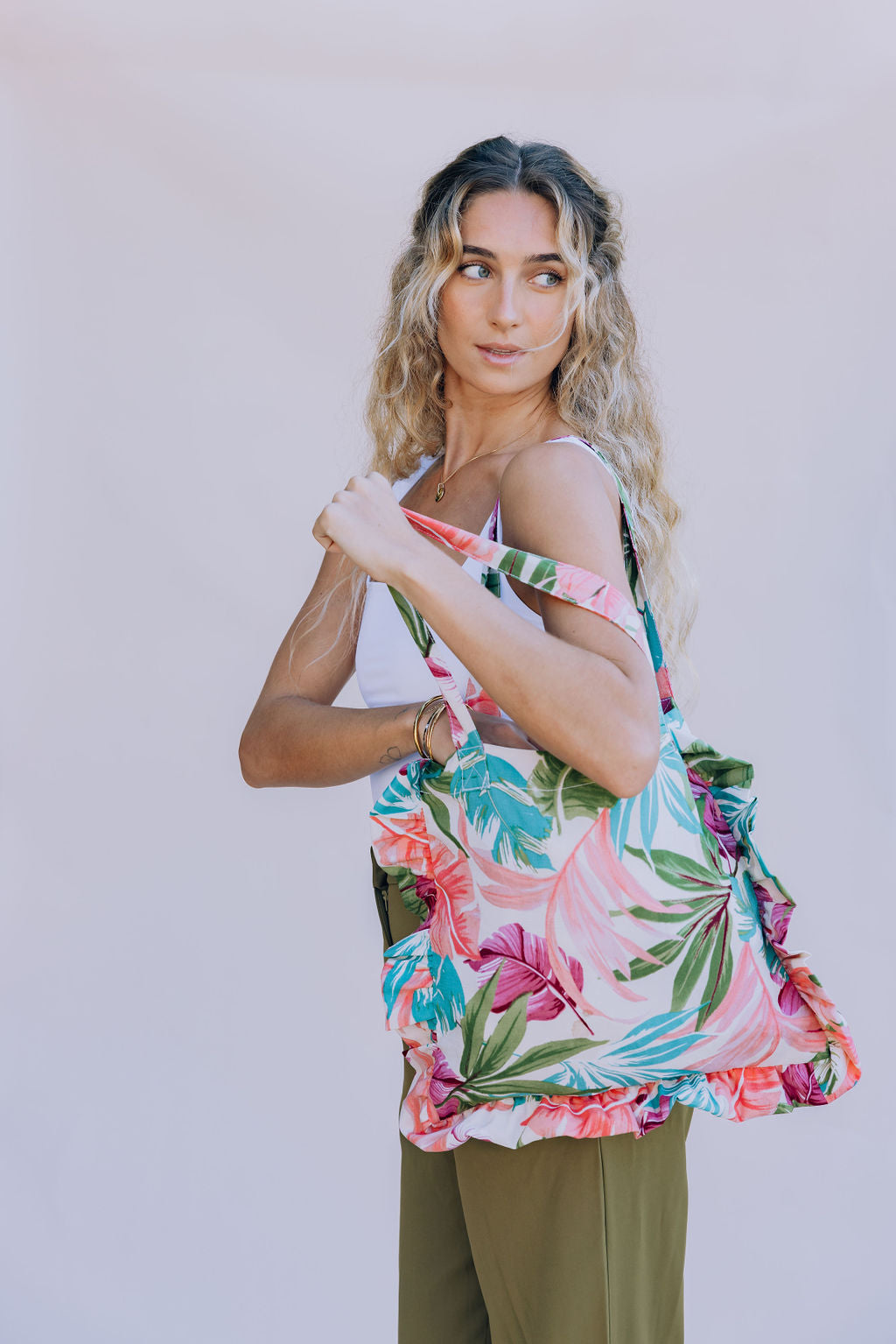 Palm Springs Floral Ruffle Tote Bag